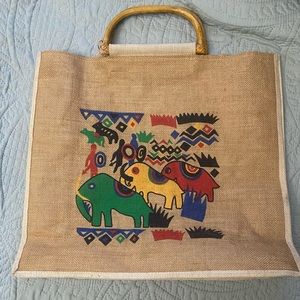 Vintage jute tote tribal painted native Indian design elephants retro bamboo